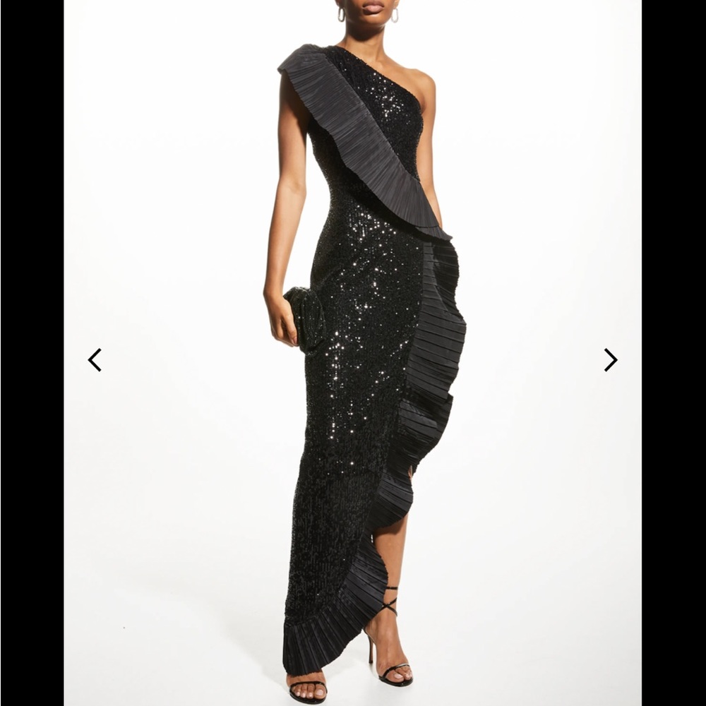 One33 Social One-Shoulder Pleated Taffeta Sequin Gown Size: 12